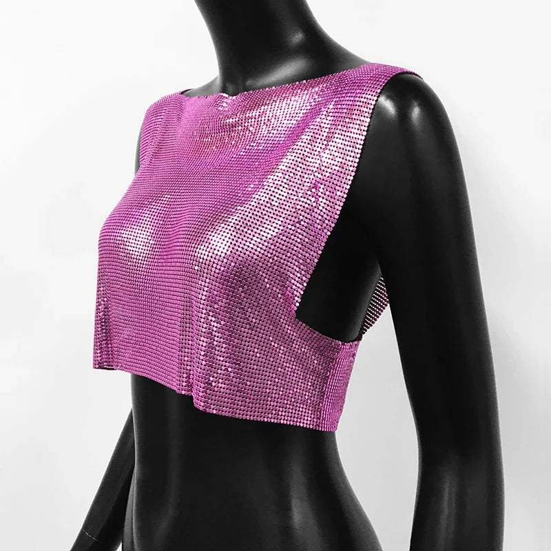 Sexy Metal Sequin Tank Top For Women y2k Summer Beach Backless Crop Top Rave Festival Club Outfits Camisole