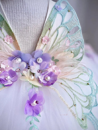 Vestido de princesa infantil borboleta com asas de malha fofa para meninas de 2 a 6 anos, vestido elegante para festa de aniversário com flores