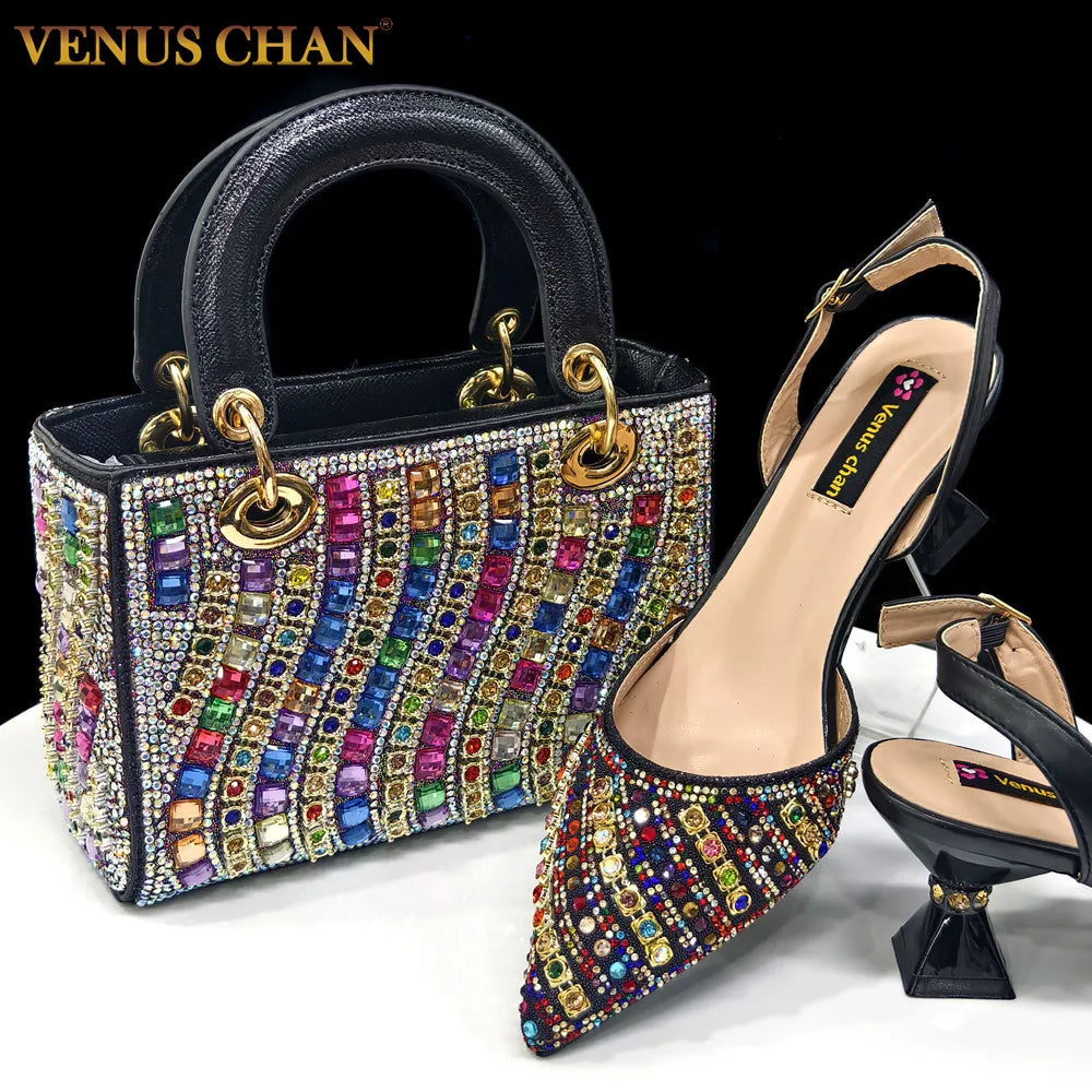 Women's Party Shoes & Bag Set – Elegant Golden Rhinestone Spring/Summer Sandals with Pointed High Heels