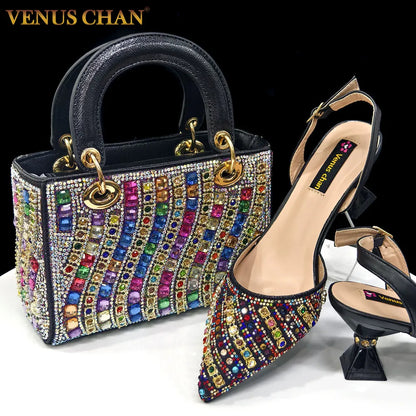 Women's Party Shoes & Bag Set – Elegant Golden Rhinestone Spring/Summer Sandals with Pointed High Heels