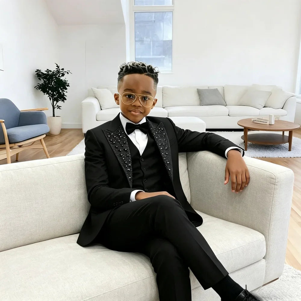 Black Beaded Crystals Suits For Boys 3 Pieces Sets Single Breasted Prom Blazer Sets Kids Formal Wedding Party Tuxedos