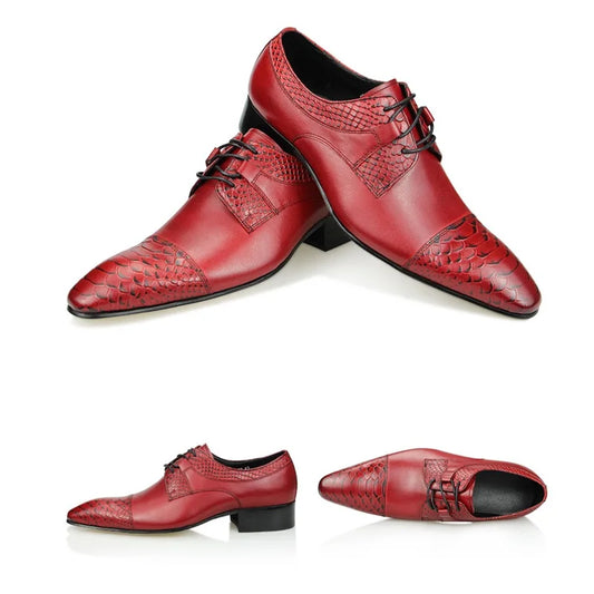 Wedding Red Shoes For Men Lace Up Fashion Derby Shoes Formal Business Office Genuine Leather Pointed Toe Dress Man Shoe