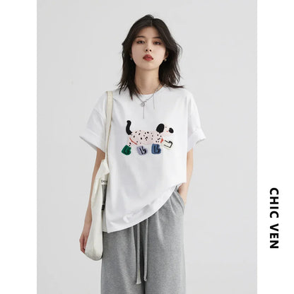 CHIC VEN Camisetas Femininas Soltas Streetwear Unissex Divertido Cão Bordado Manga Curta Algodão Blusas Menina Femininas Verão 2025