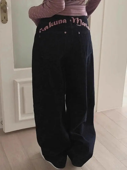 Women's Sweet Casual Full Length Baggy Denim Trouser Retro Emo Harajuku Loose Jeans Letter Embroidery High Waist Y2K 2000s Pants