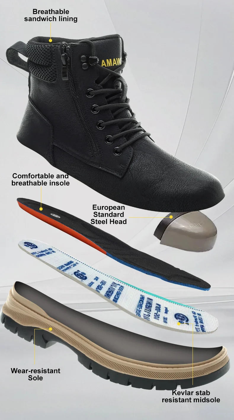 Men Work Boots Puncture-Proof  Waterproof Work Shoes Steel Toe Safety Boots Industrial Indestructible Boots Side Zipper Shoes
