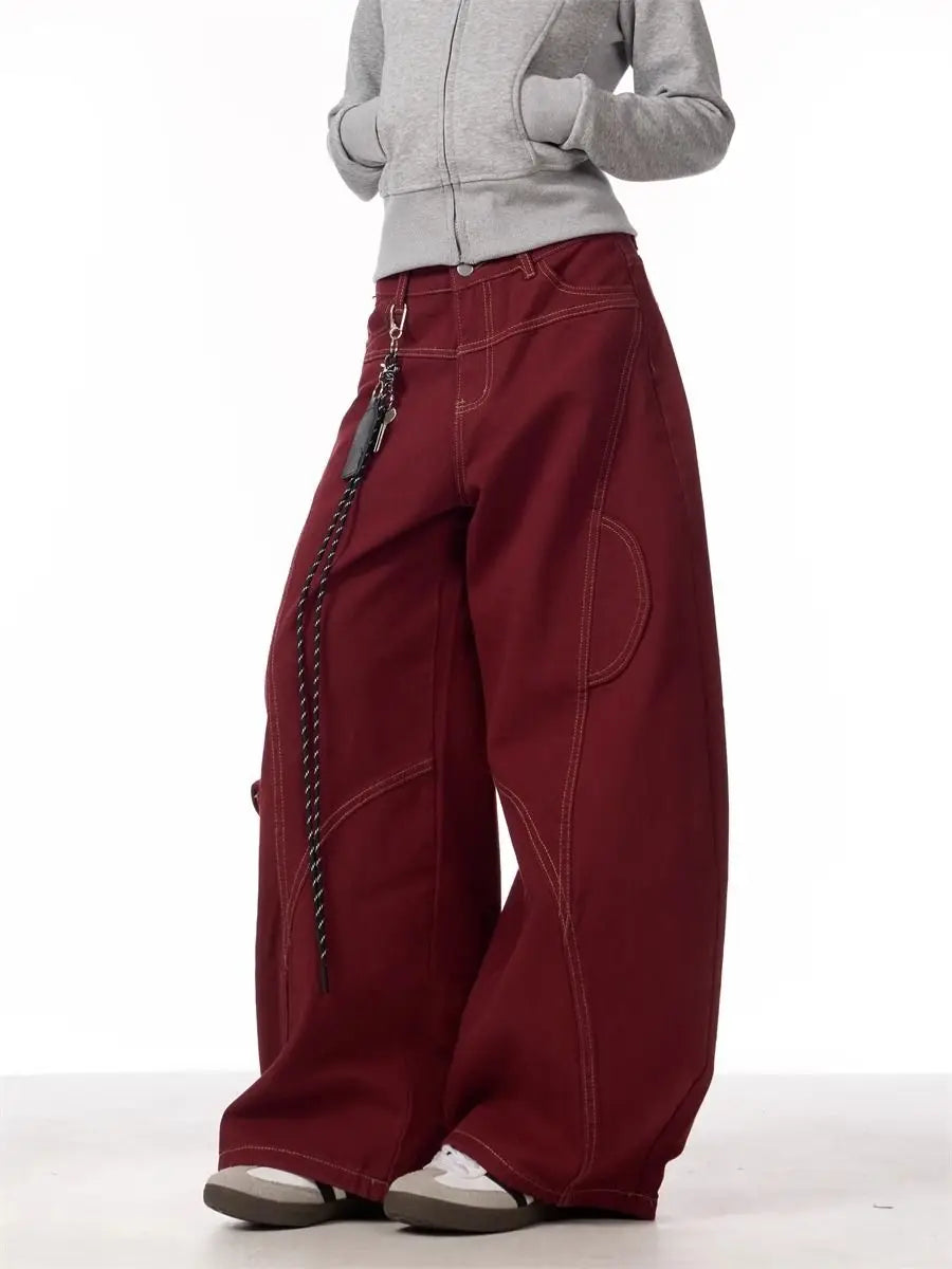 Calça Cargo Jeans Casual Vermelha Feminina Calça de Trabalho Folgada Reta Perna Larga Calça Coreana Primavera Estilo Preguiçoso Confortável Chique