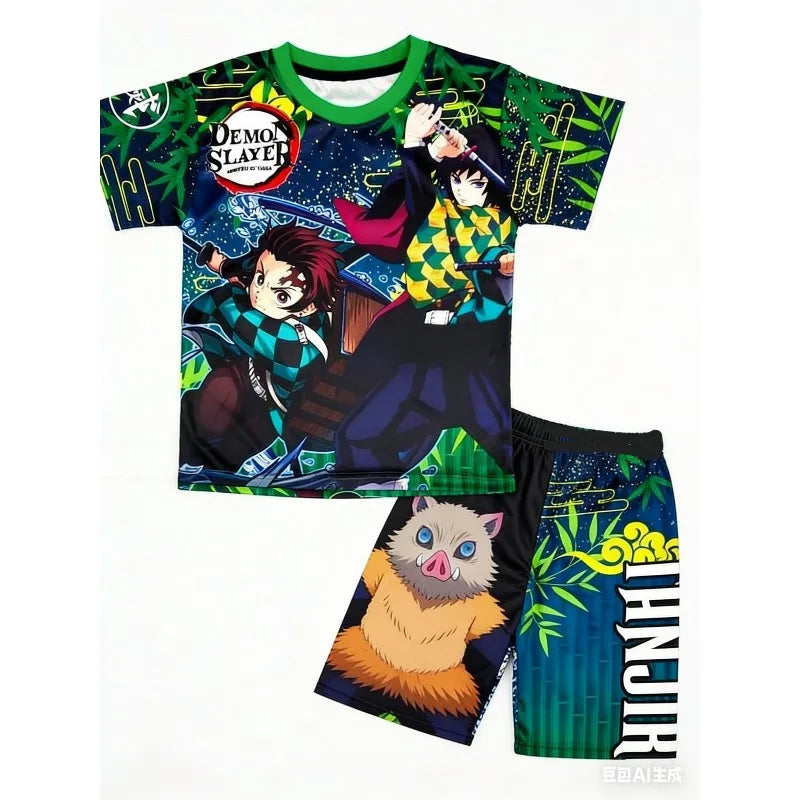 Demon Slayer Kids T-shirt Shorts Set  Anime Kimetsu Tanjiro Rengoku Zenitsu Print BoysGirls Casual Summer Outfit 2Pcs Sportswear