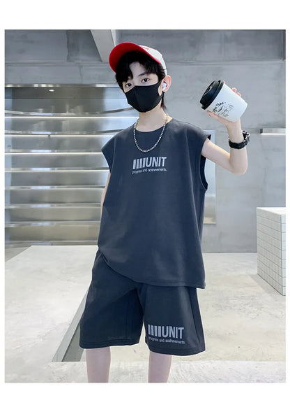 Big Child Cotton Summer Suit for Teens Boy Wing Print Cotton Tshirt + Shorts 2PCS Clothing Set Kids Adult Fashion Street Outfit