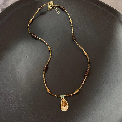 Vintage Brown Natural Stone Pendant Necklace for Women Fashion Geometric Long Leather Rope Necklace Sweater Chain Jewelry Gifts