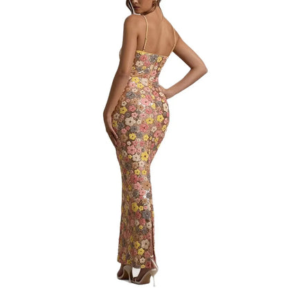 Women Flowers Sequin Patchwork Slim Party Long Dress Strapless Fashion Maxi Dress, Sexy Sleeveless Ladies Dress Vestidos