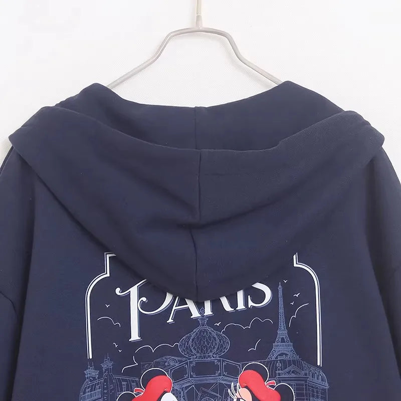 Mickey Mouse Paris Letter Cartoon Print Fleece Sweatshirt Fashion Unisex Women Pockets Hooded Zip Up Jumper Tops