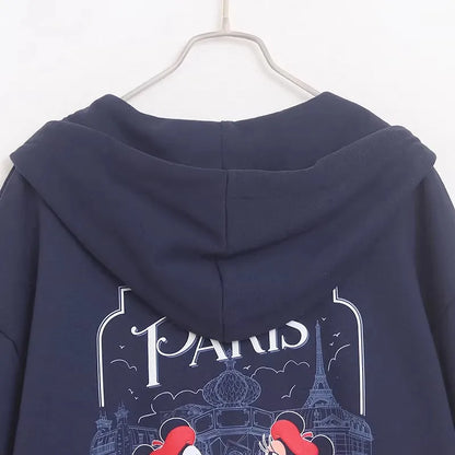 Mickey Mouse Paris Letter Cartoon Print Fleece Sweatshirt Fashion Unisex Women Pockets Hooded Zip Up Jumper Tops