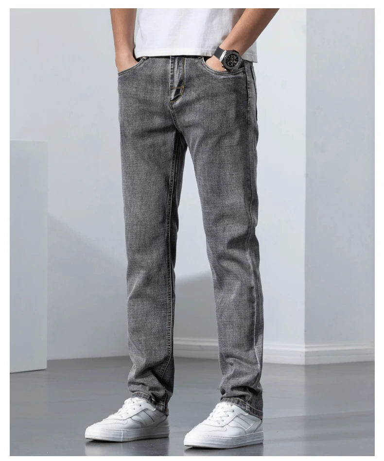 2022 Autumn Spring Fitted Straight Stretch Denim  Classic Style Badge Youth Men's Business Casual Jeans Trousers