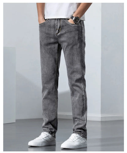 2022 Autumn Spring Fitted Straight Stretch Denim  Classic Style Badge Youth Men's Business Casual Jeans Trousers