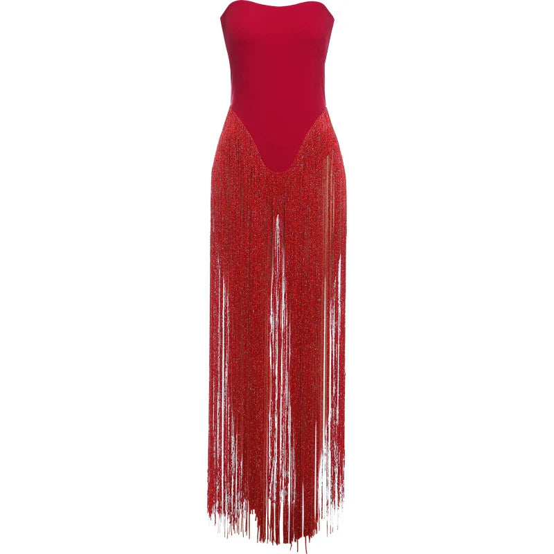 Valentine's Day Bodysuit Women Strapless Patchwork Tassel Sexy Beach Vacation Clubwear Midnight Party Tight Body Tops