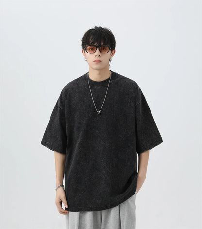 Japanese Korean Style Stir Fried Snowflake Washed T-Shirts Men Women Cotton Heavyweight Summer Hip Hop Streetwears Short Sleeved
