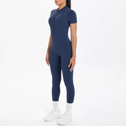 Short Sleeved Fitness Jumpsuit for Woman Bodysuits Backless Solid Color Scrunch One-Piece Suit Half Zipper Gym Yoga Sets Womens