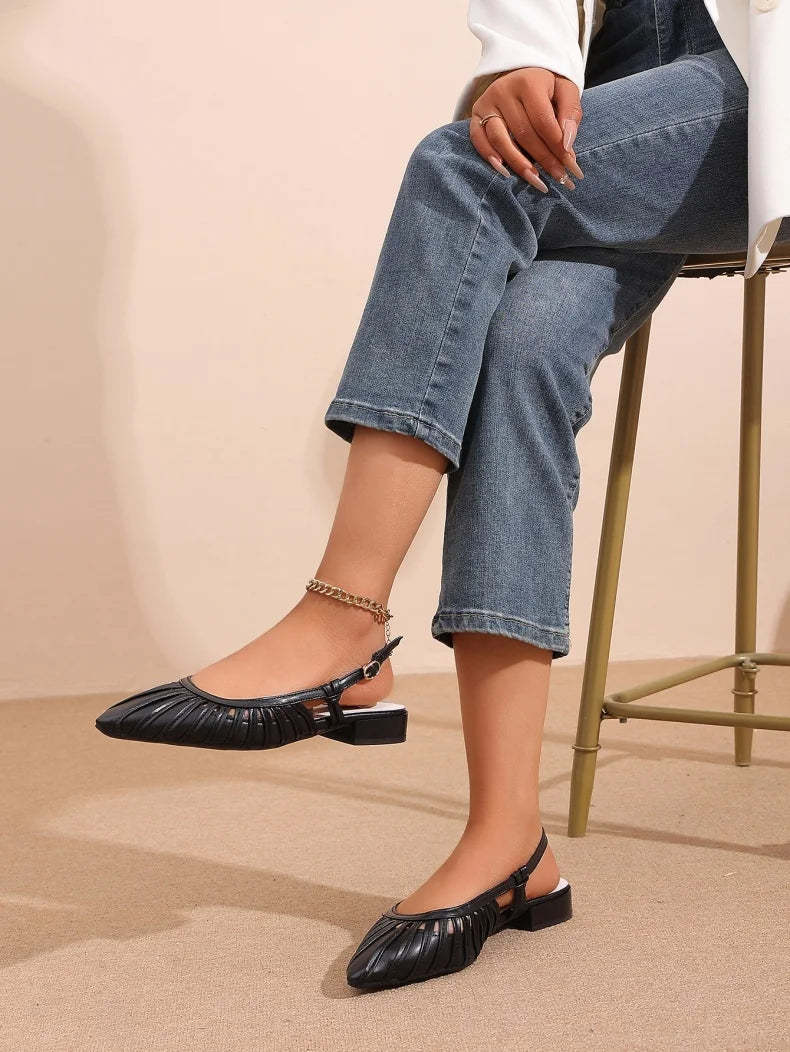 Elegant Pointed Toe Slingback Sandals for Women Summer - Pleated Mesh Low Block Heel Pumps - Adjustable Buckle Strap Dress Shoes