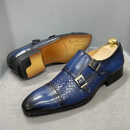 Classic Mens Dress Shoes Genuine Leather Double Buckle Monk Strap Cap Toe Blue Black Wedding Business Formal Suit Shoes for Men