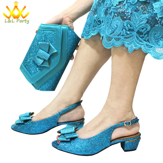 Italian Women Shoes Matching Bag Set in Sky Blue Color Comfortable Heels with Appliques for Wedding