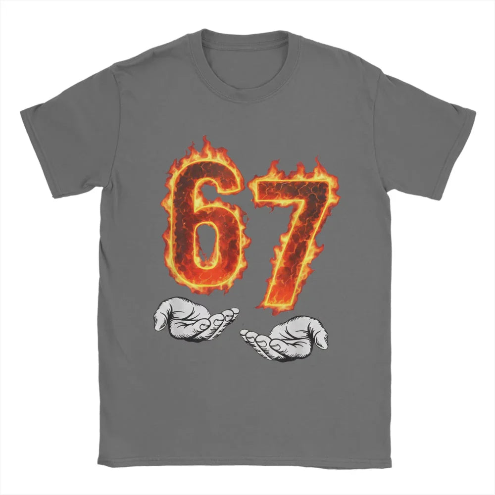 6 7 Meme Six Seven 67 Hands Meme Fire Printed T-Shirt for Men Women Leisure Cotton Tees Round Neck Short Sleeve T Shirt 3XL Tops
