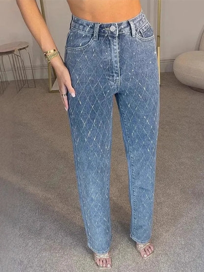Y2K Women Rhinestone-Shaped Denim Trousers