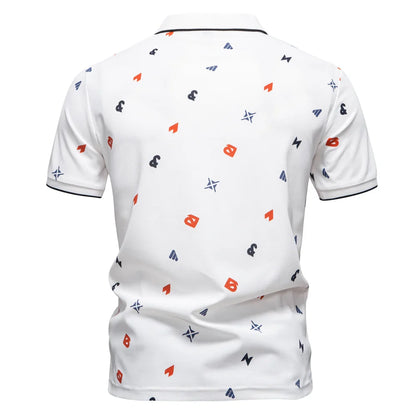 ‌2025 Summer New Men's Solid Color Polo Shirt with Printed Turn-Down Collar Casual Slim Fit Breathable Comfortable Top‌