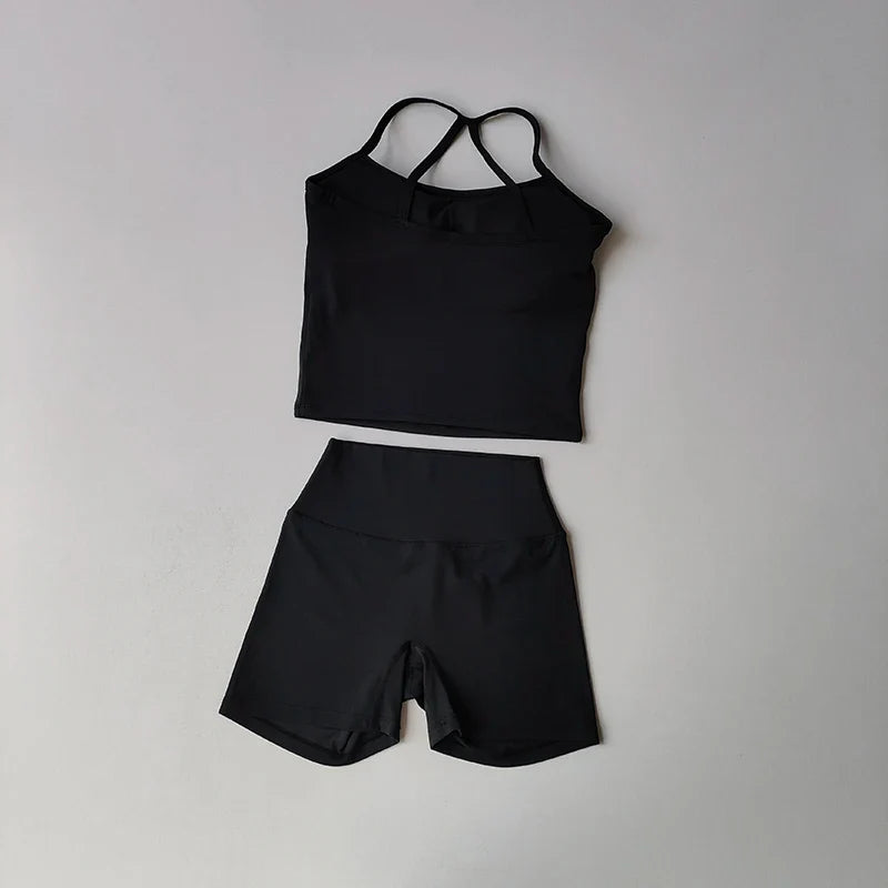 Women's yoga exercise set, popular slim shoulder yoga vest paired with high waisted, waist hugging, naked yoga three part shorts
