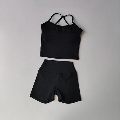 Women's yoga exercise set, popular slim shoulder yoga vest paired with high waisted, waist hugging, naked yoga three part shorts