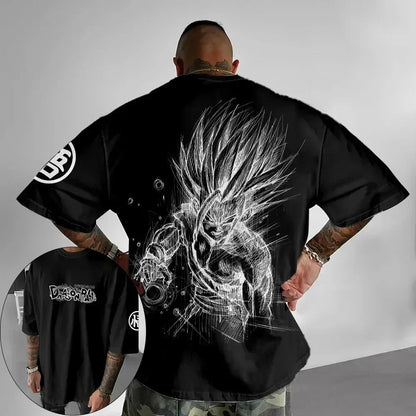 Oversized T-shirt High Quality 100% Cotton Kid Goku with Power Pole Line Art Print UnisexCasual Y2K