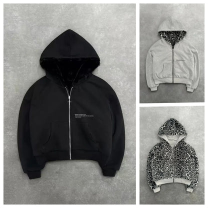 Hip-hop Nova Roupa Dupla Face Harajuku Retro Estampa de Leopardo Moda Solta Zíper Moletom Masculino Street Casual Feminino