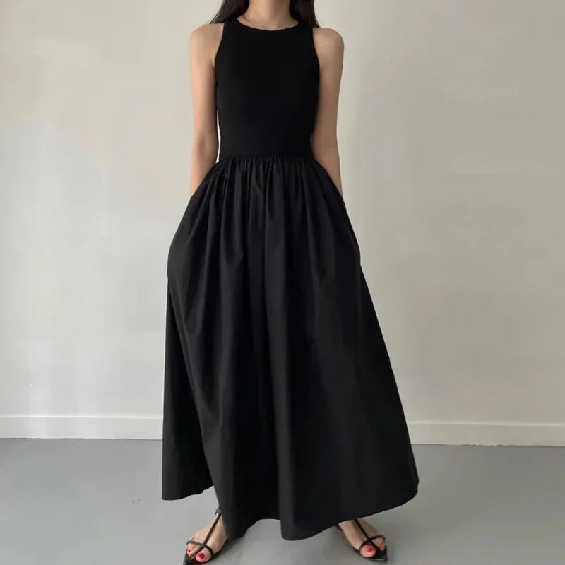 Simple Elegant Black Long Dresses For Women Round Neck Sleeveless High Waist Temperament Female Fashion Style Dress