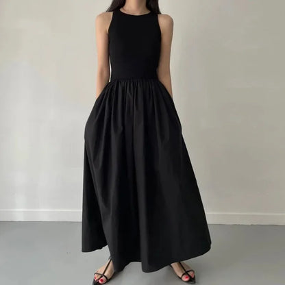 Simple Elegant Black Long Dresses For Women Round Neck Sleeveless High Waist Temperament Female Fashion Style Dress