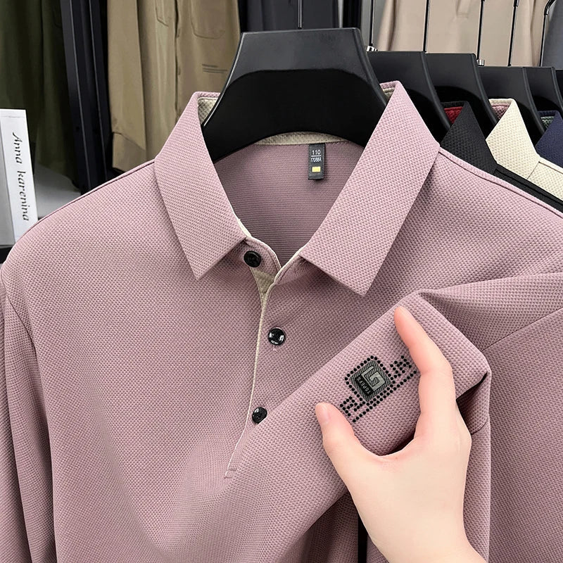 High End Brand Quality Men's Polo Shirt Autumn Exquisite Solid Color Letter Print Lapel Long Sleeve Business Classic Menswear