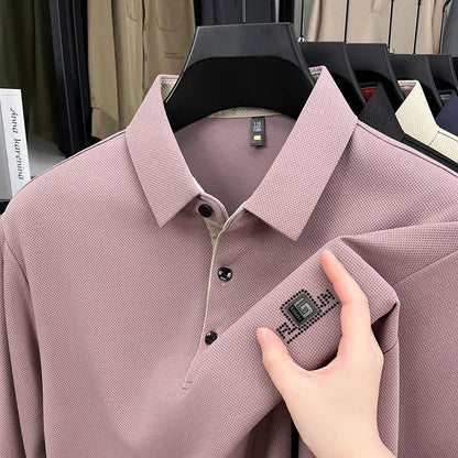 High End Brand Quality Men's Polo Shirt Autumn Exquisite Solid Color Letter Print Lapel Long Sleeve Business Classic Menswear