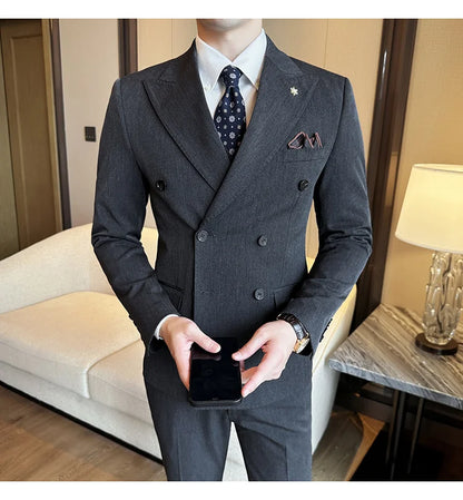 (Jackets+Pants) Luxury Double Breasted Design Slim Fit Suit High Quality Fashion Men's Wedding Social Suit Tuxedo 2 Piece Set