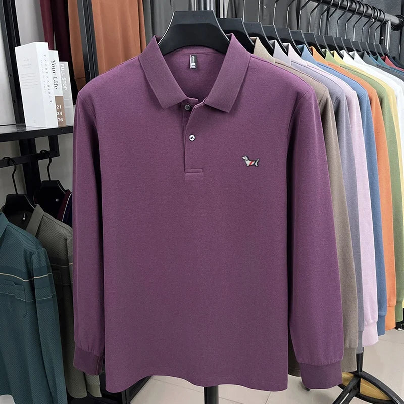 Fashion brand autumn new men's top casual warm 100% cotton long sleeved Polo shirt