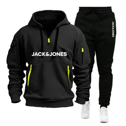 Two sets of men's sportswear for autumn/Winter 2025, including a sweatshirt and two sets of fitness jogging pants with wool caps