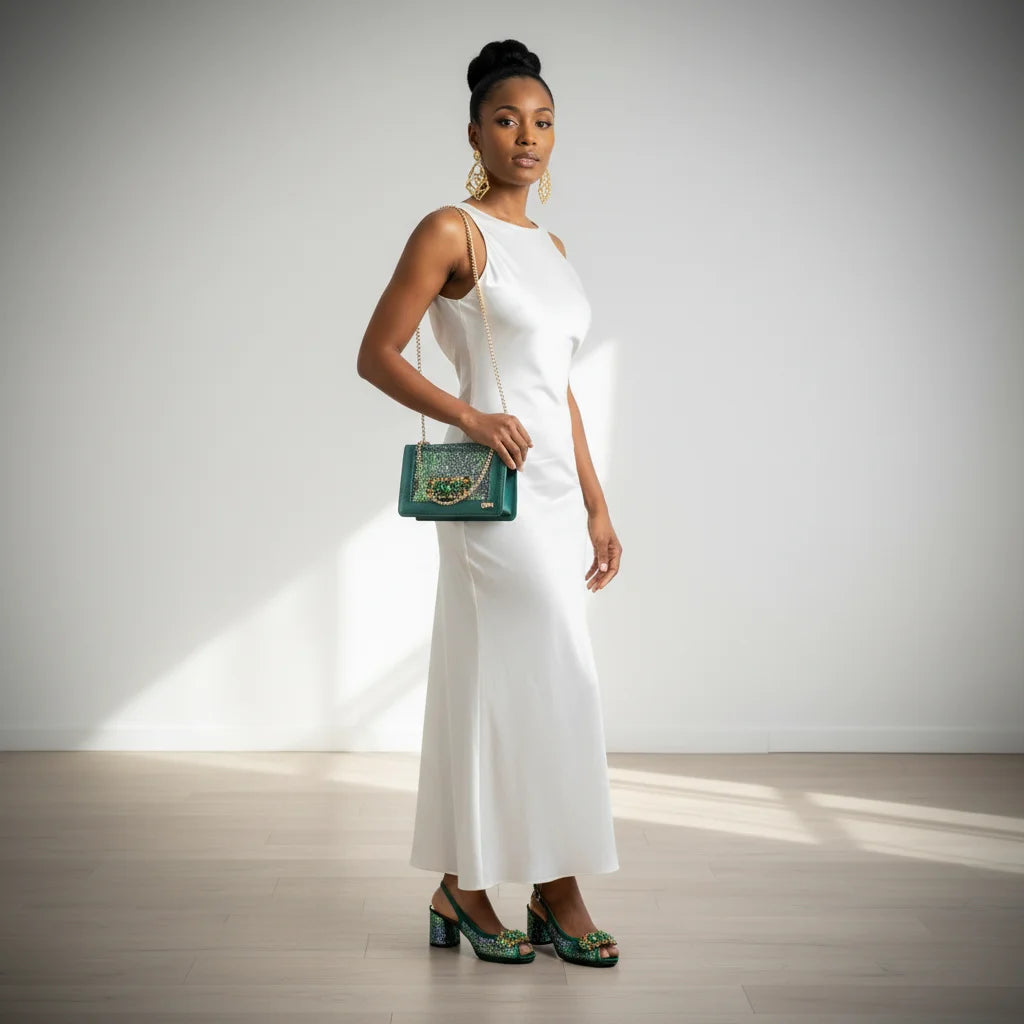 Green Elegant Women's High Heels Shoes  & Bag Set Rhinestone-Embellished Designer Shoes Perfect for Special Occasionss