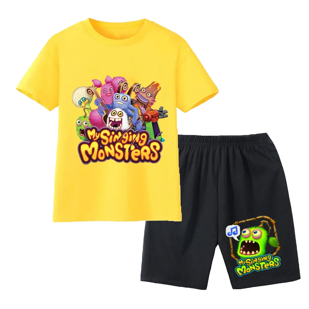 Summer Kids Cartoon Print Sport Clothing Suit Monsters Boys Casual Outfits Children Breathable T Shirt Pocket Shorts 2 Piece Set