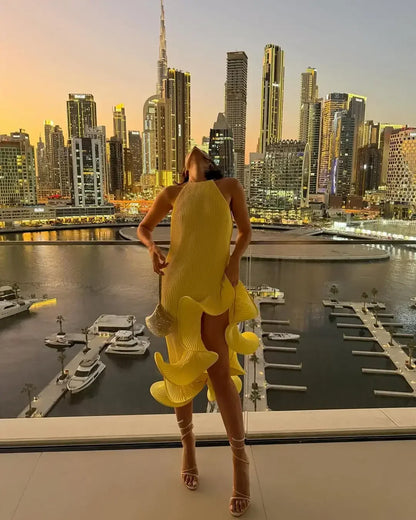 Women Romantic Yellow Halter Maxi Dress Ribbed Knit Ruffled High-slit Slim-fit Vestido 2026 Lady New Spring Trendy Fashion Robes
