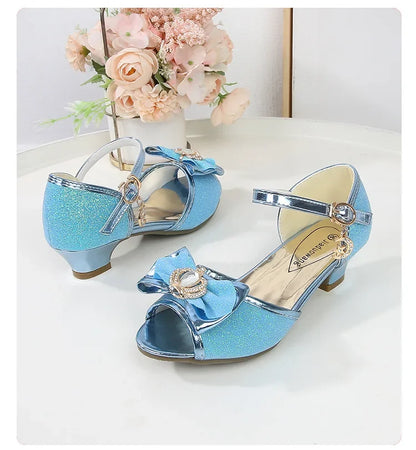 New Girl's High Heel Shoes for Kids Party Wedding Fashion Princess Causal Dress Shoes Sequins Versatile Children's Crown Sandals