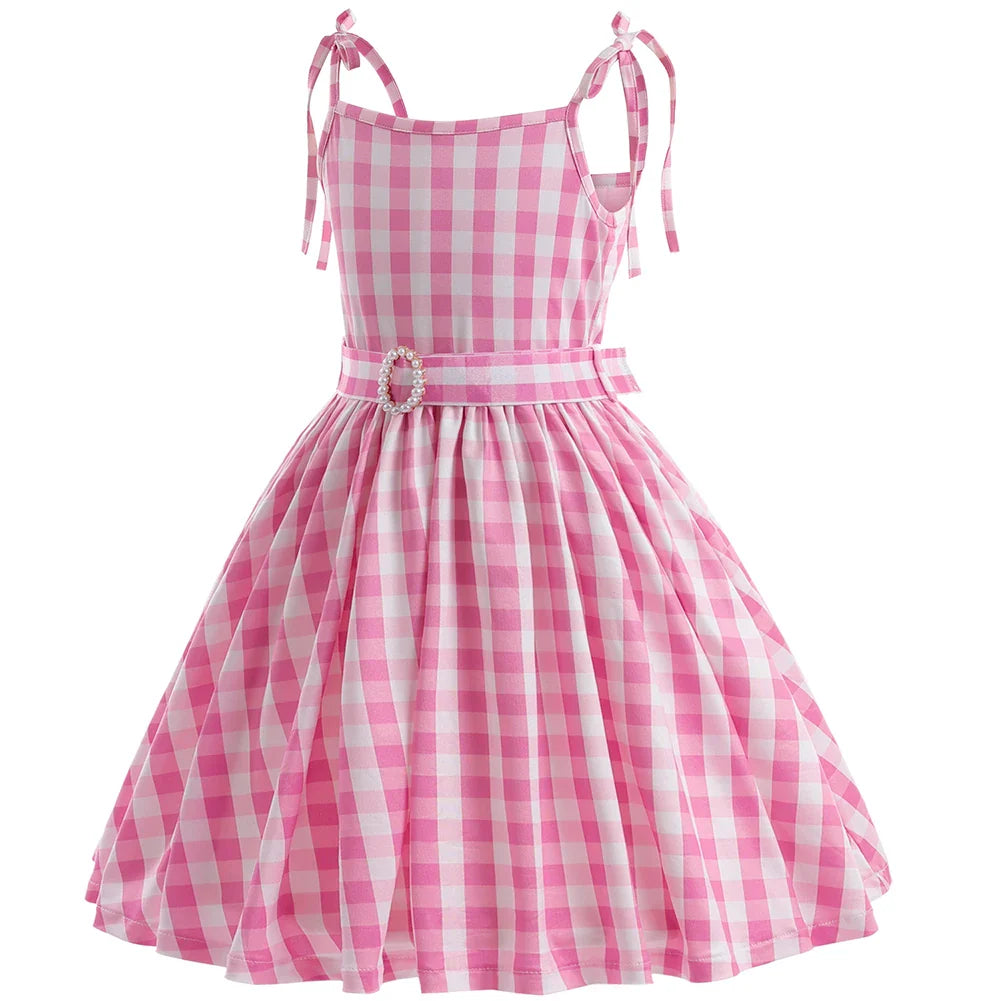 Girls Cute Dress Plaid Pink Vintage Dresses Casual Slim Dress Evening Party Summer Clothes for Girls Vestidos 3 4 5 6 Years