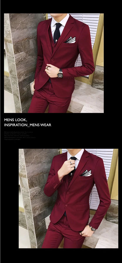 Suit (Blazer+vest+pants) Men's Fashion Business Korean Version of Solid Color Slim-fit Wedding Professional Gentleman Dress 6XL