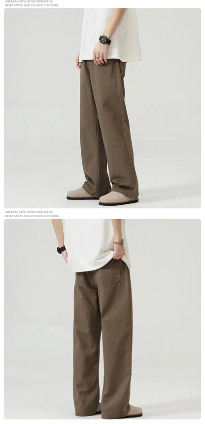 100％ Cotton Men's Baggy Straight Jeans Comfortable Soft Casual Pants Fashion Korean White Brown Denim Trousers Male Clothing