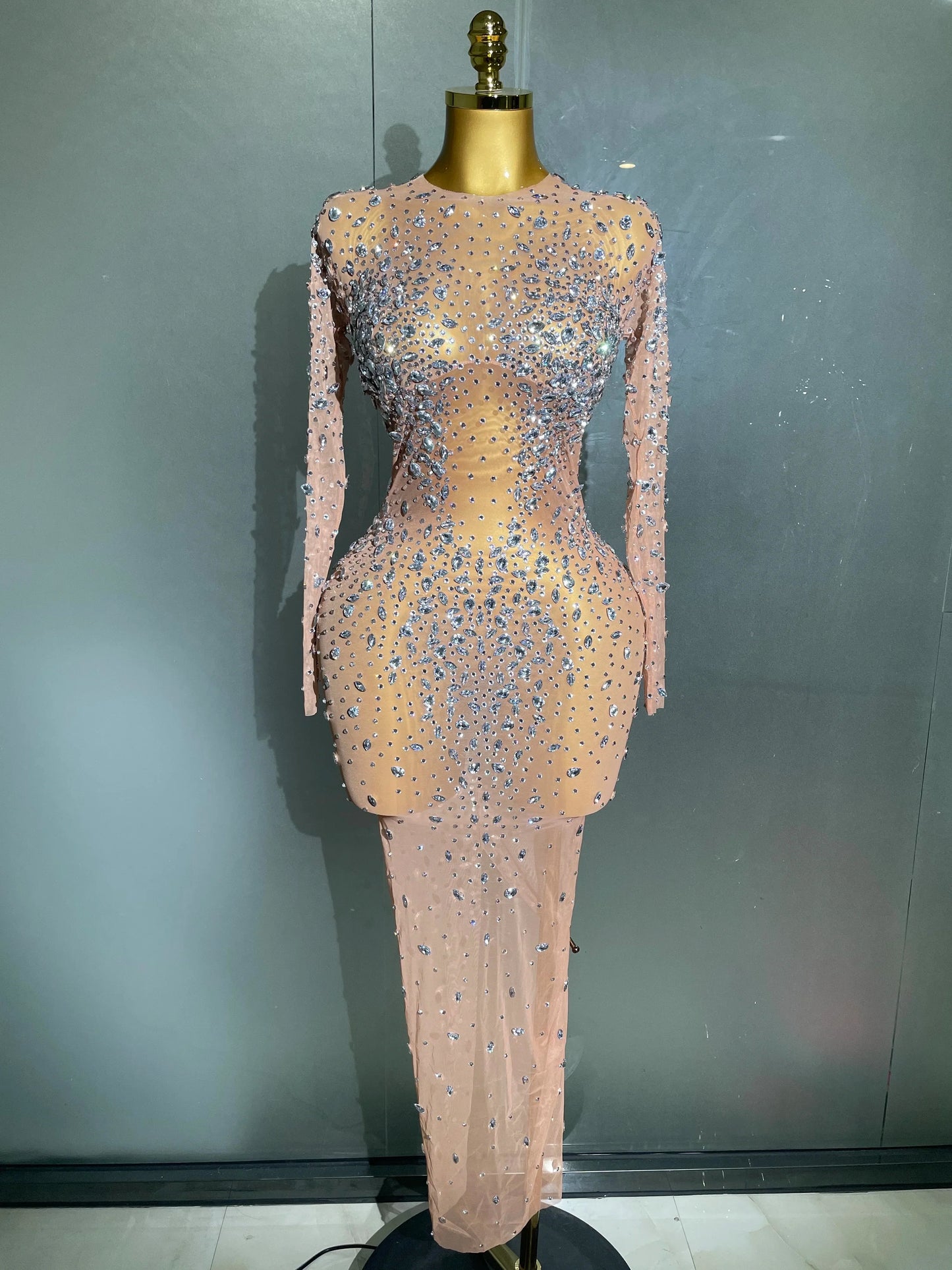 Shinny Rhinestone Stretch Mesh Transparent Long Dress 2025New Women Evening Birthday Party Prom Nightclub Singer Stage Wear