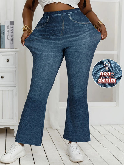 Denim Print High-Stretch Flared Pants Loose Fit Trousers