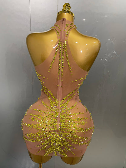 Rhinestones Sexy Mesh See Through Dress Party Evening Prom Celebrate Birthday Dress Singer Dancer Show Stage Wear