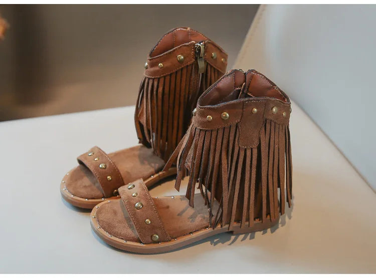 One-strap Summer Roman Shoes for Girls Tassel Rivets High-top Sandals Little Girl Soft Sole Bohemian Dress Shoes Child I06133