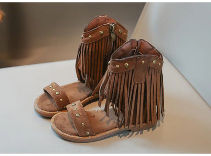 One-strap Summer Roman Shoes for Girls Tassel Rivets High-top Sandals Little Girl Soft Sole Bohemian Dress Shoes Child I06133
